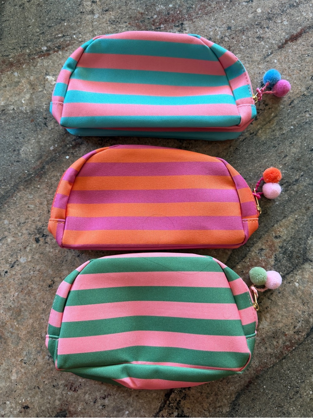 Set of 3 Colorful Striped Cosmetic Makeup Bags – Pom Pom Zippers